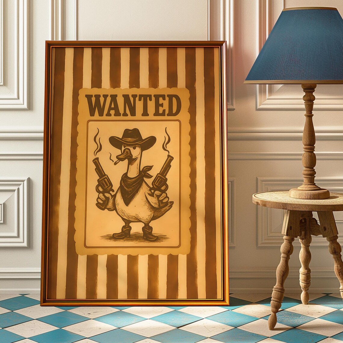 Wanted Cowboy Duck Gunslinger Dual Revolvers Western Art Print
