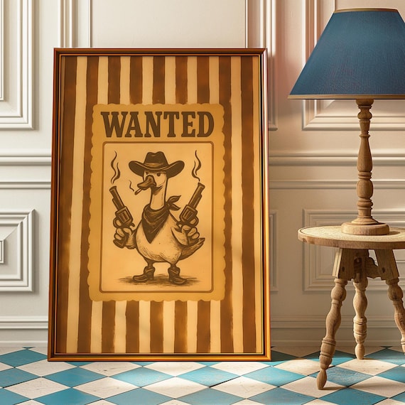 Wanted Cowboy Duck Gunslinger Dual Revolvers Western Art Print