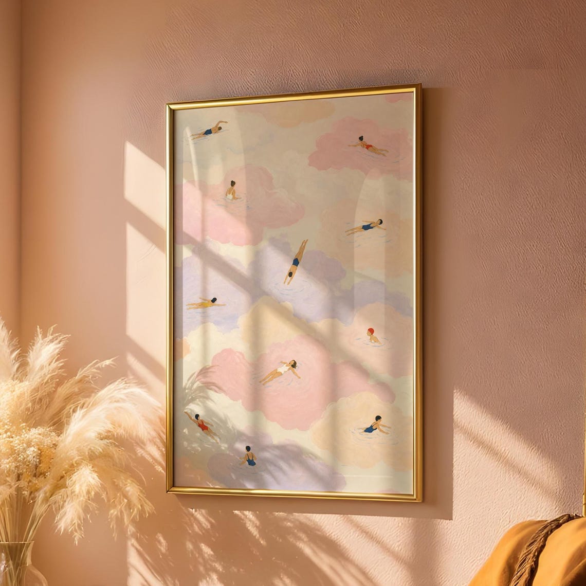 Pastel Cloud Swimmers Dreamy Sky Tiny People Whimsical Art Poster