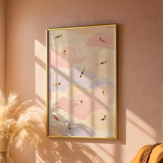 Pastel Cloud Swimmers Dreamy Sky Tiny People Whimsical Art Poster