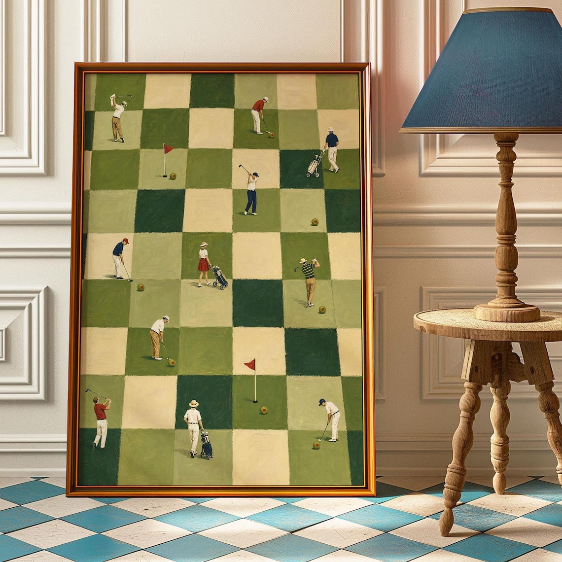 Tiny Golfers Checkerboard Olive Poster Print