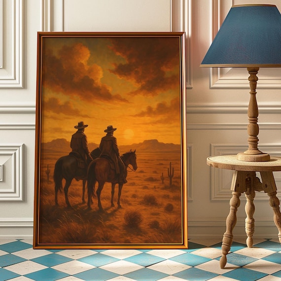 Vintage Cowboy Sunset, Rustic Western Art Print