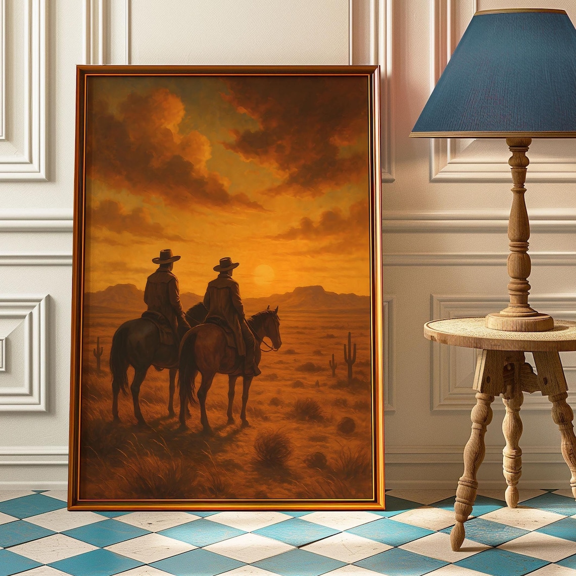 Vintage Cowboy Sunset, Rustic Western Art Print