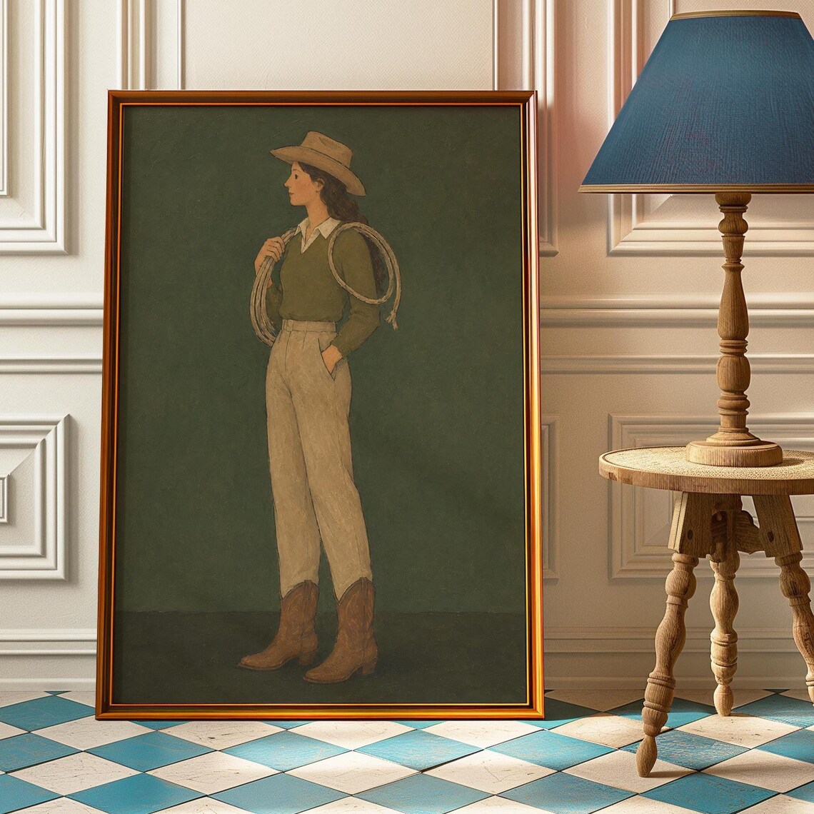 Vintage Cowgirl Wall Art Print Western Lasso Portrait Poster Modern Decor Country Bedroom Living Room Gift Idea