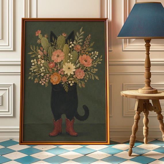 Black Cat Cactus Bouquet Wall Art Whimsical Western Floral Print Cottagecore Boho Lover Bedroom Decor