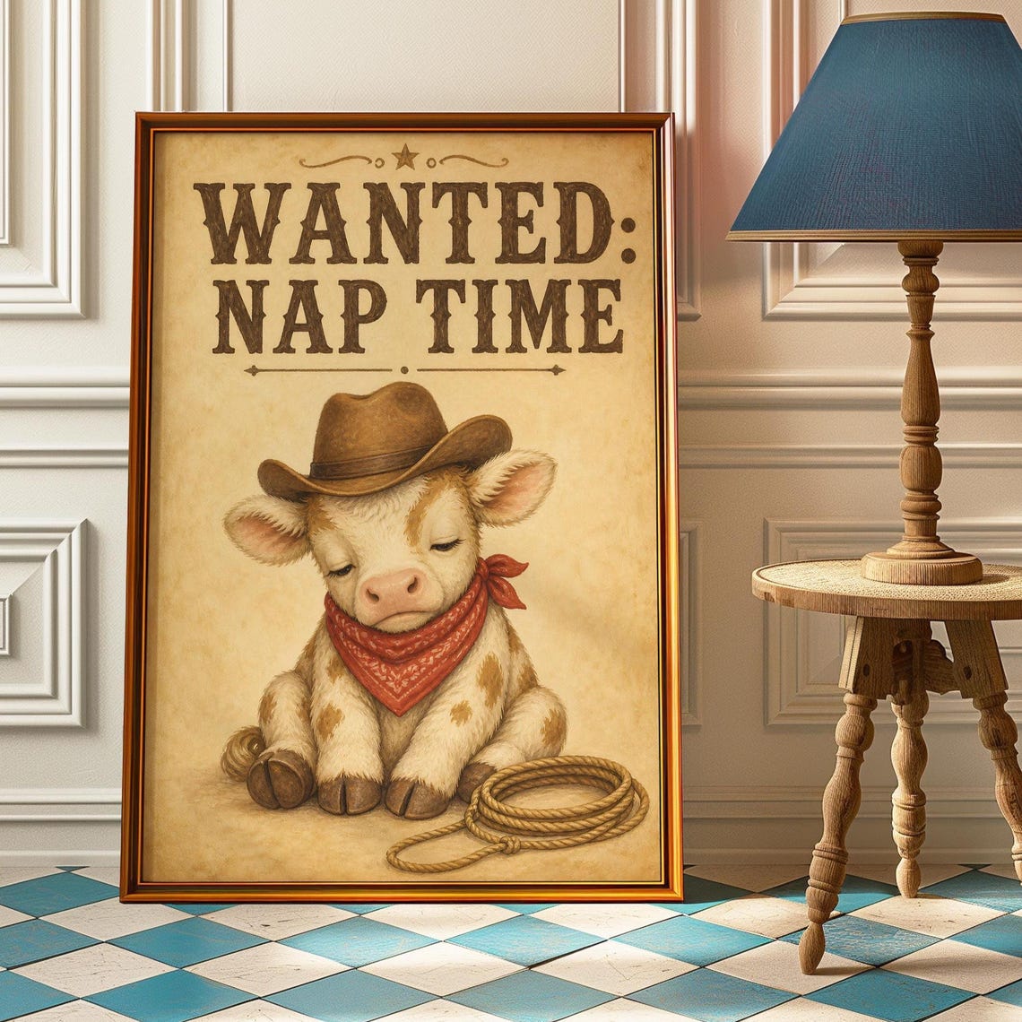 Sleepy Wanted Nap Time Cowboy Calf Nursery Western Funny Art Print