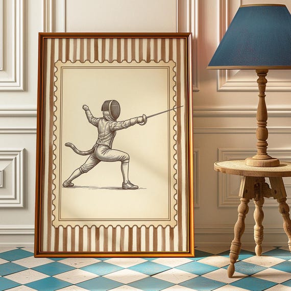 Fencing Cat Poster Funny Sports Wall Art Vintage Sword Print Quirky Office Game Room Decor