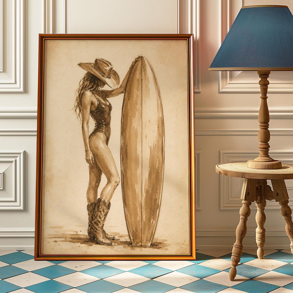 Cowgirl Surfer Poster Coastal Western Wall Art Vintage Sepia Print Beach Painting Malibu Bedroom Decor Surf Lover Gift