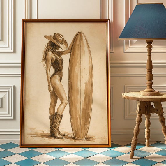 Cowgirl Surfer Poster Coastal Western Wall Art Vintage Sepia Print Beach Painting Malibu Bedroom Decor Surf Lover Gift
