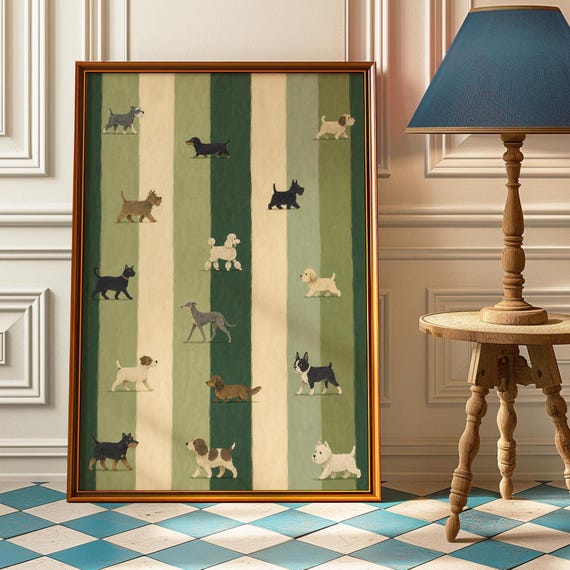 Striped Dog Breed Poster Green Preppy Wall Art Vintage Canine Print Quirky Office Mudroom And Animal Lover Decor