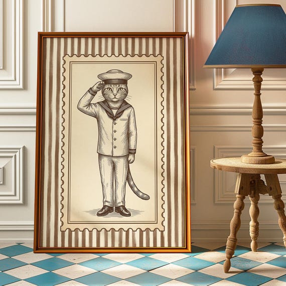 Saluting Sailor Cat Poster Tabby Nautical Wall Art Vintage Navy Print Beach House Decor