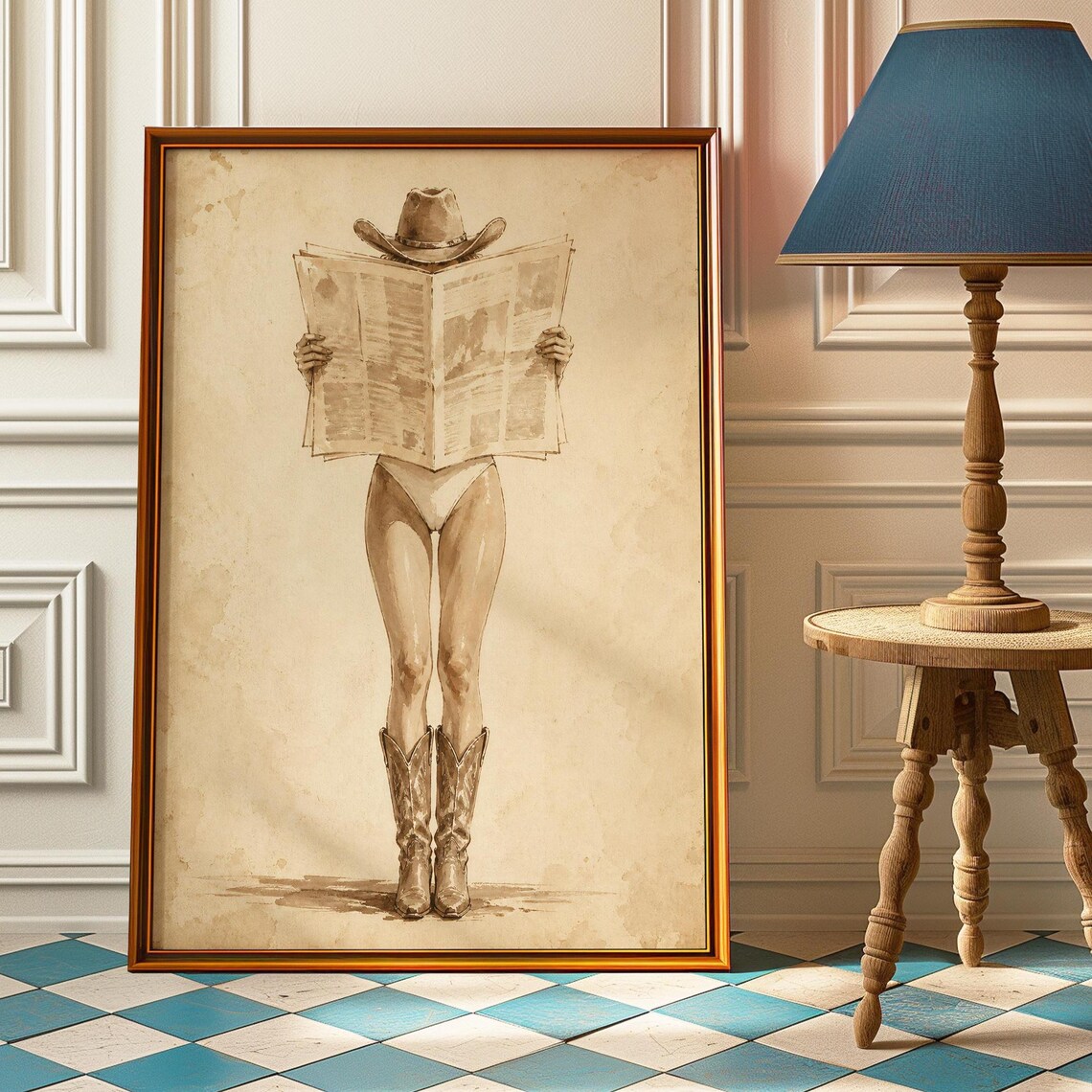 Newspaper Cowgirl Poster Sepia Pinup Wall Art Vintage Western Print Funny Painting Bathroom Decor Powder Room Gift
