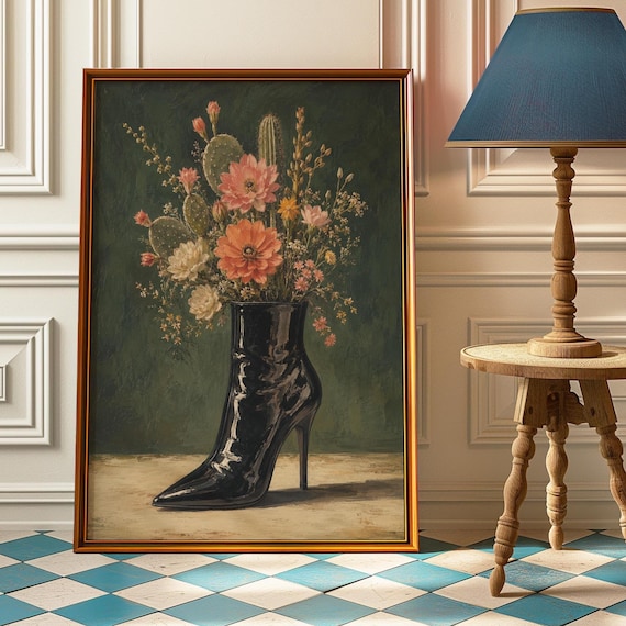 Black Stiletto Boot Vase Cactus Wildflower Vintage Art Poster