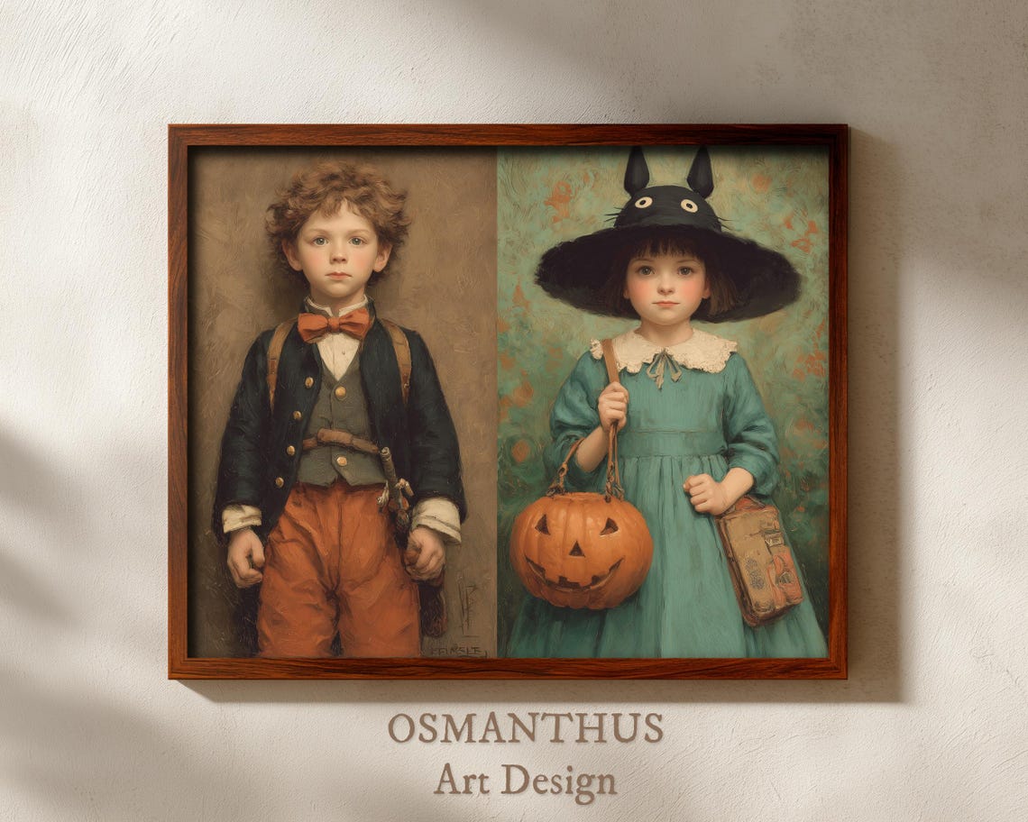 Vintage Halloween Children Costume Art Monsters Illustration Rustic Witch And Pumpkin Child Fall Decor Wall 124