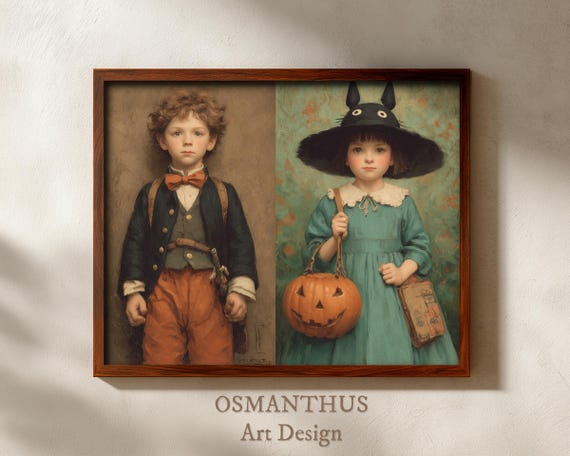 Vintage Halloween Children Costume Art Monsters Illustration Rustic Witch And Pumpkin Child Fall Decor Wall 124