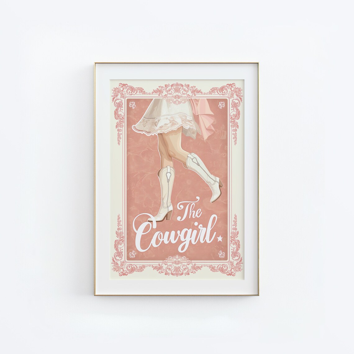 The Cowgirl White Boots Twirl Skirt Pink Floral Border Poster