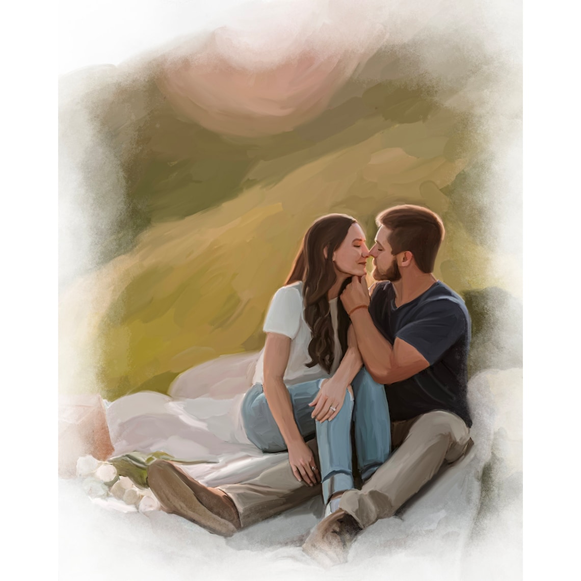 Custom Watercolor Couple Portrait With a White Dog in a Meadow Poster - Image 2