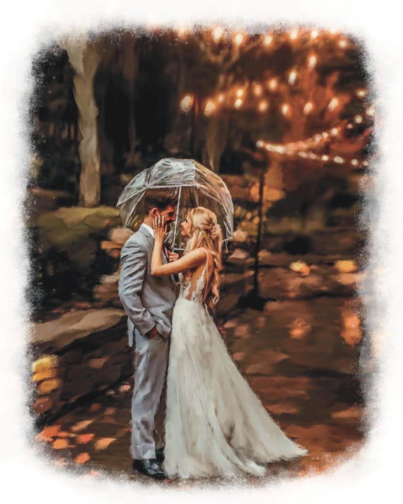 Newlywed Couple Under a Clear Umbrella on a Rainy Evening Poster
