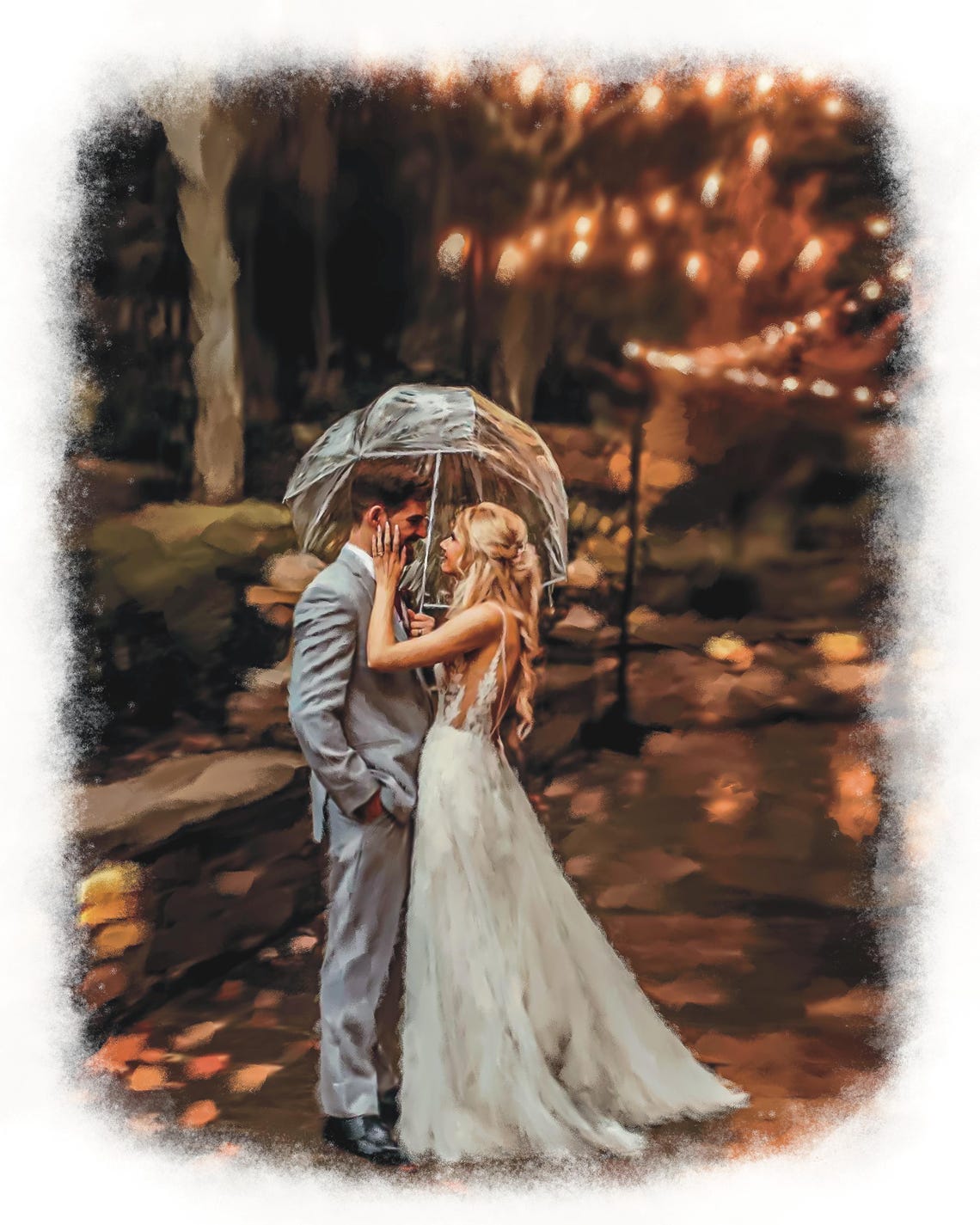 Wedding Couple Kissing Under Sunlit Tree in Golden Meadow Watercolor Poster - Image 5