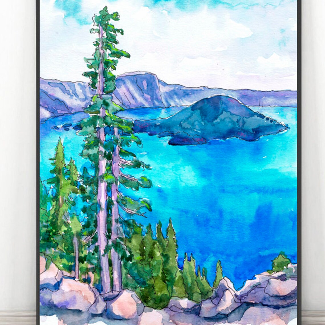 Crater Lake Oregon National Park Watercolor Travel Poster