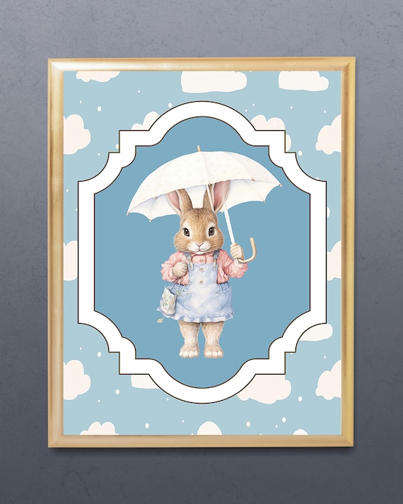 Bunny with Umbrella in Overalls Cute Nursery Rainy Day Print