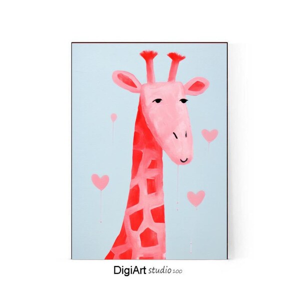 Pink Giraffe Hearts Illustration Cute Safari Baby Nursery Wall Poster