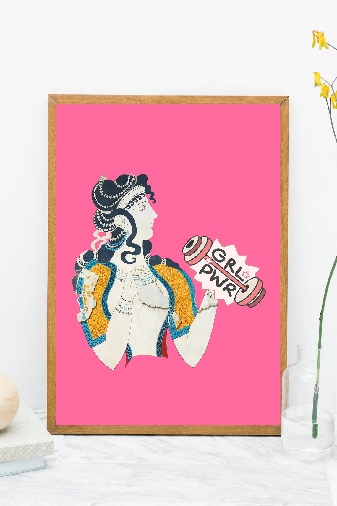 Grl Pwr Minoan Fresco Woman Dumbbell Pink Ancient Greek Art Poster