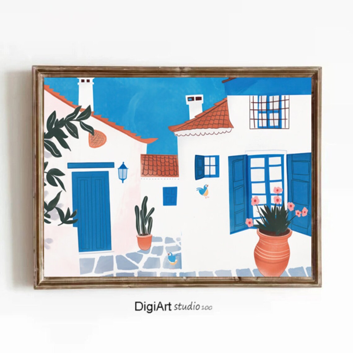 Greece Village Illustration White Houses Blue Shutters Travel Poster
