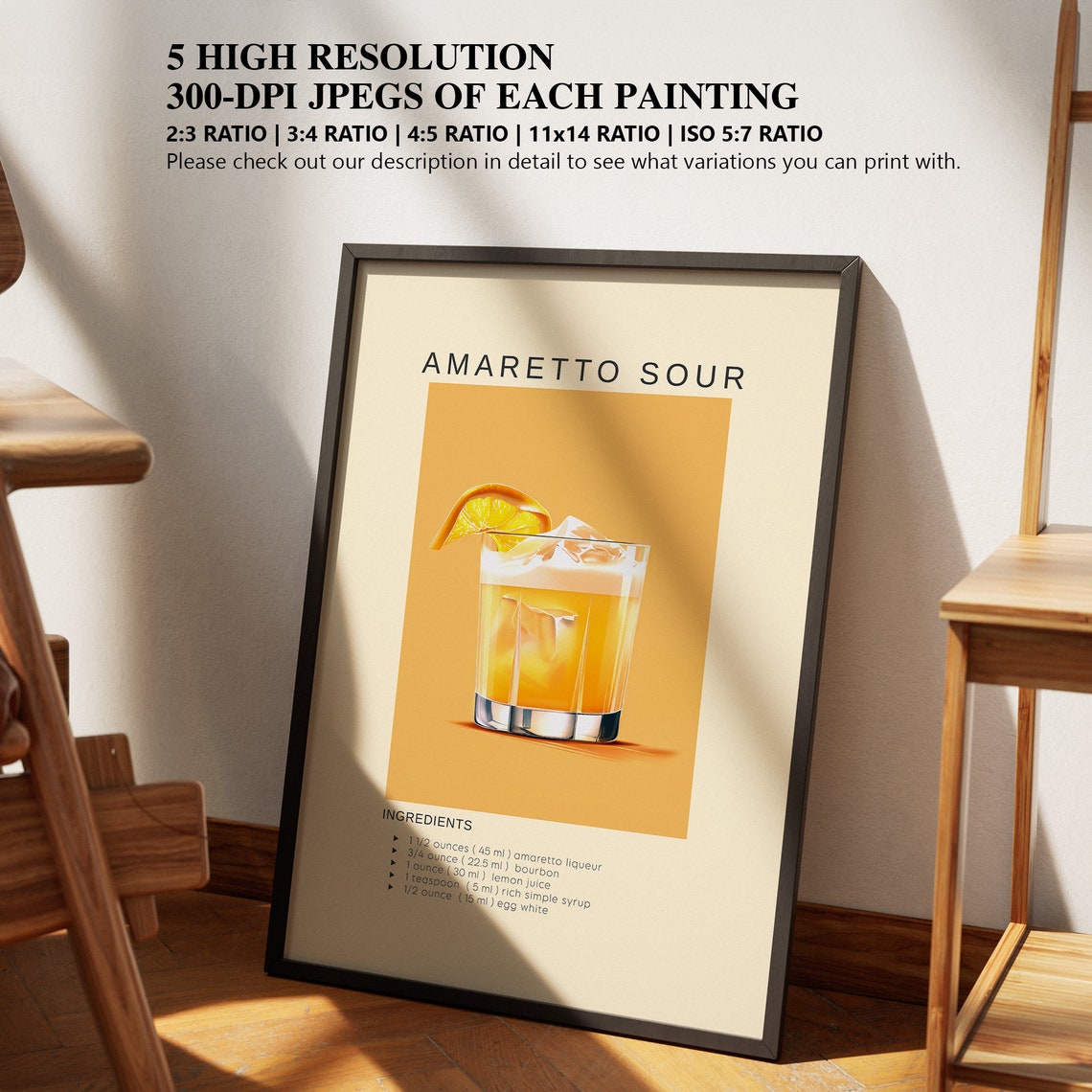 Amaretto Sour Bourbon Lemon Cocktail Recipe Golden Bar Poster - Image 2