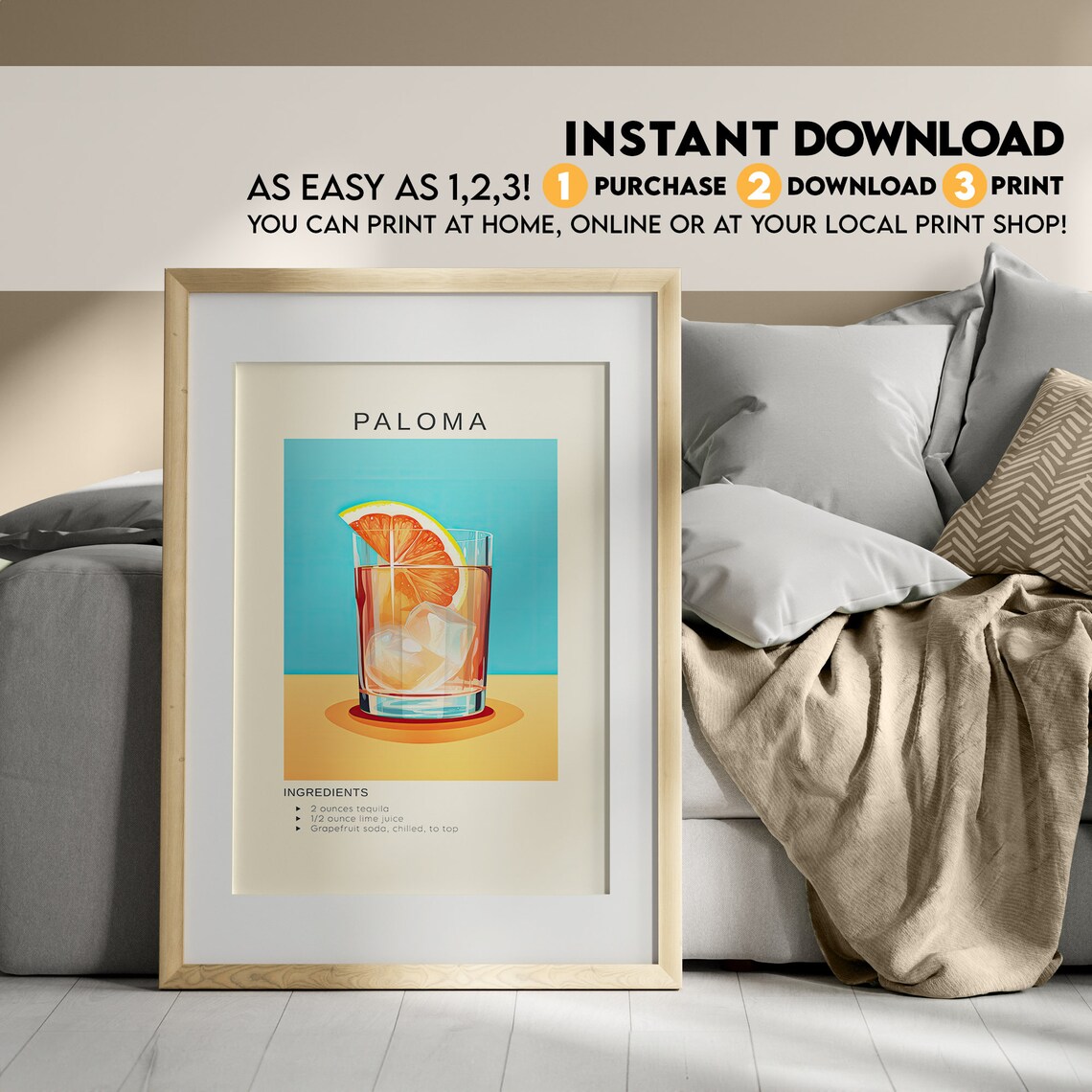 Paloma Cocktail Art Print, Bar Cart Wall Decor - Image 3