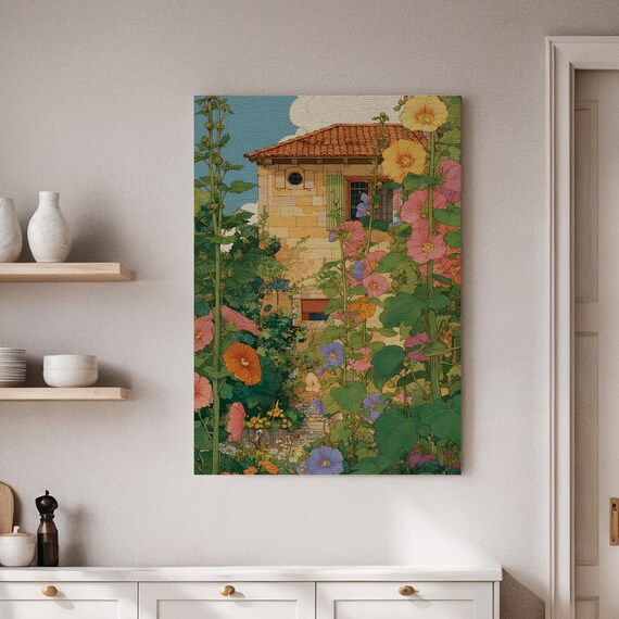 Mediterranean Villa Garden Hollyhocks Floral Cottage Art Poster