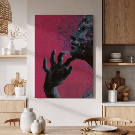 Black Silhouette Face and Hand on Magenta Surreal Neural Network Collage Poster