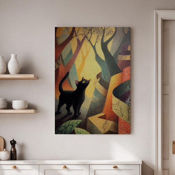 Framed Black Cat In Forest Canvas Wall Art Vibrant Fall With Nature Inspired Abstract Print Colorful Animal Decor For Home