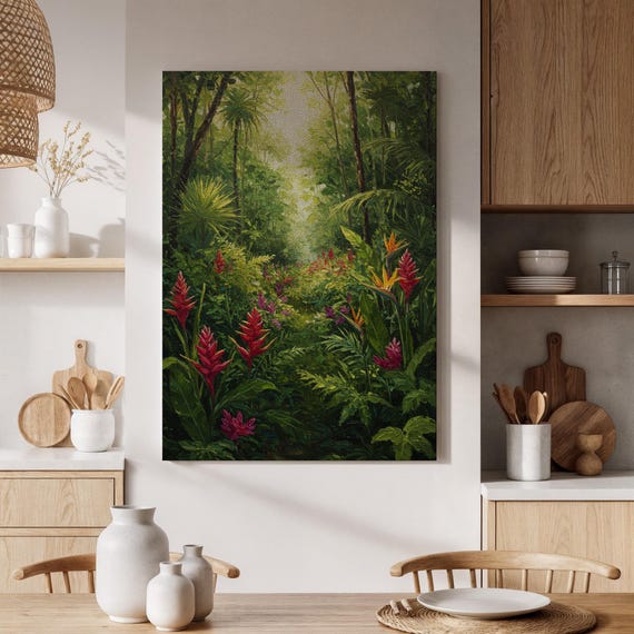 Tropical Forest Canvas Print Lush Green Jungle With Vibrant Flowers Nature Landscape Art For Living Room Bedroom Or Office Decor