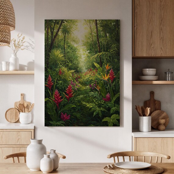 Tropical Forest Lush Green Jungle With Vibrant Flowers Art Print