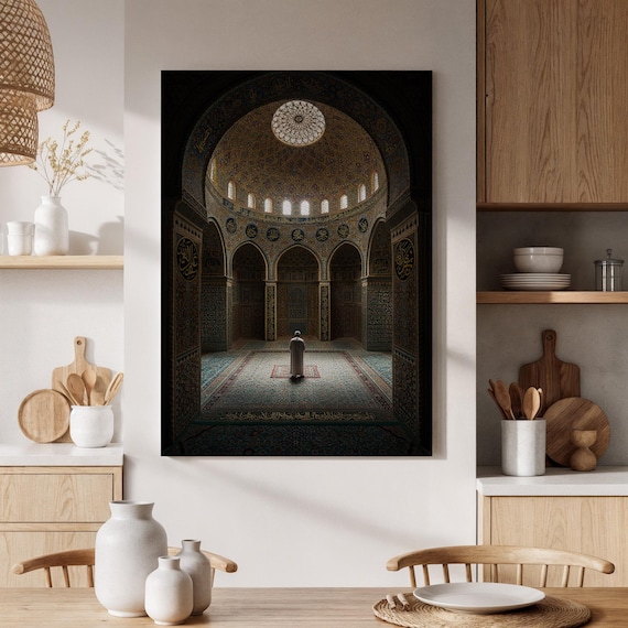 Ornate Mosque Dome Interior with Calligraphy and a Lone Praying Figure Poster