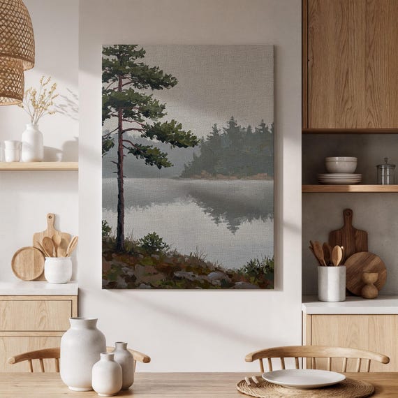 Tranquil Lakeside Canvas Print Nature Landscape Art With Pine Tree Reflection Calm Water Scene For Living Room Bedroom Or Office Decor