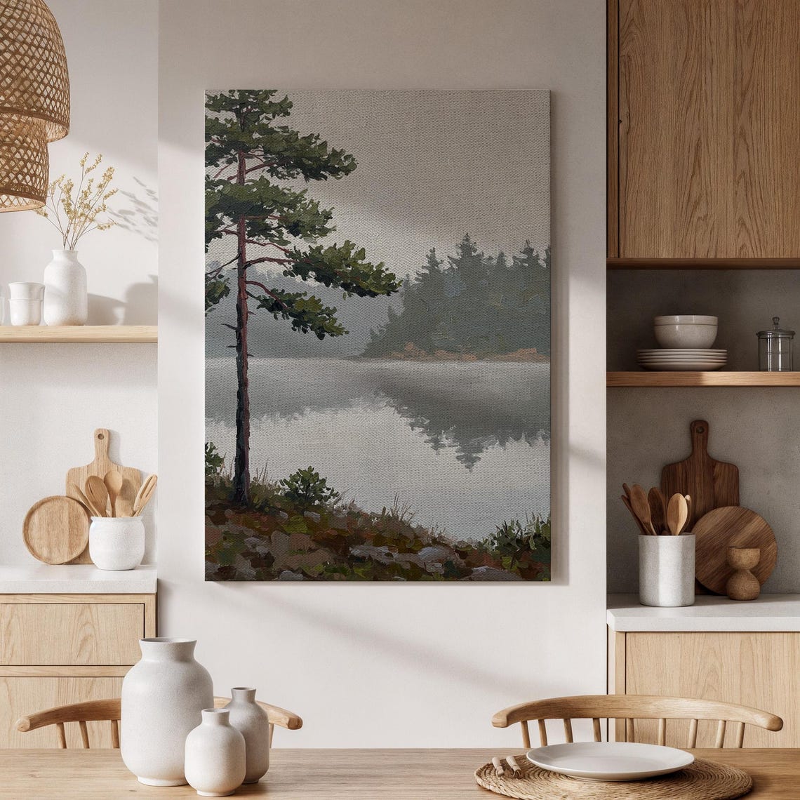 Tall Pine Tree By Misty Lakeside Tranquil Forest Reflection Art Poster