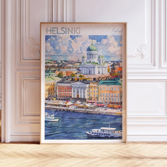 Historic Helsinki Finland Cathedral Harbor Watercolor Poster