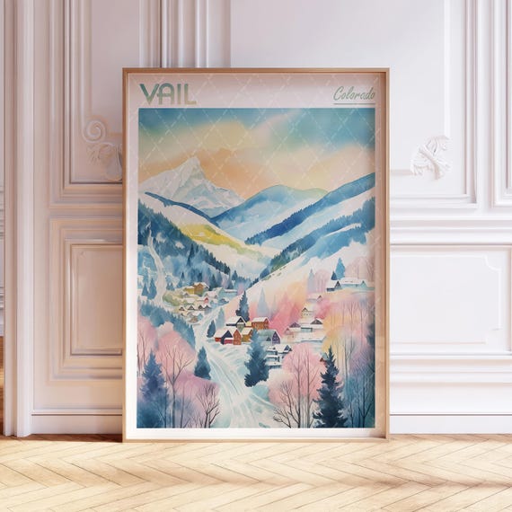 Vail City Watercolor Poster Skyline Wall Art United States North America Colorado Print Pastel Color
