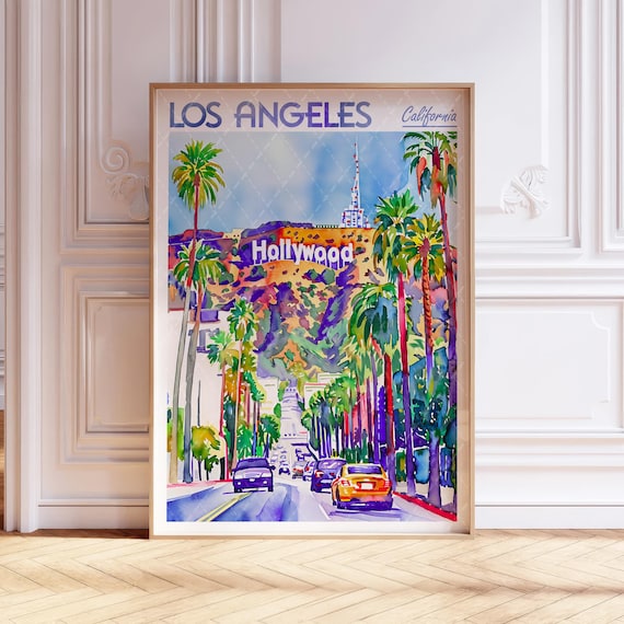 Los Angeles California Travel Poster Hollywood Sign Palm Trees Street