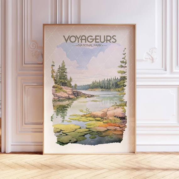 Voyageurs National Park Calm Lake Pines Watercolor Travel Poster