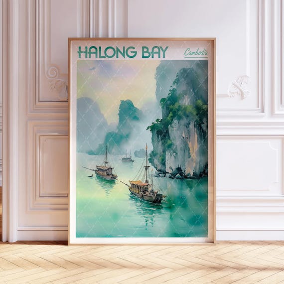 Halong Bay Watercolor Art Print Quang Ninh City Vietnam Travel Poster World Cities Wall Pastel Colors