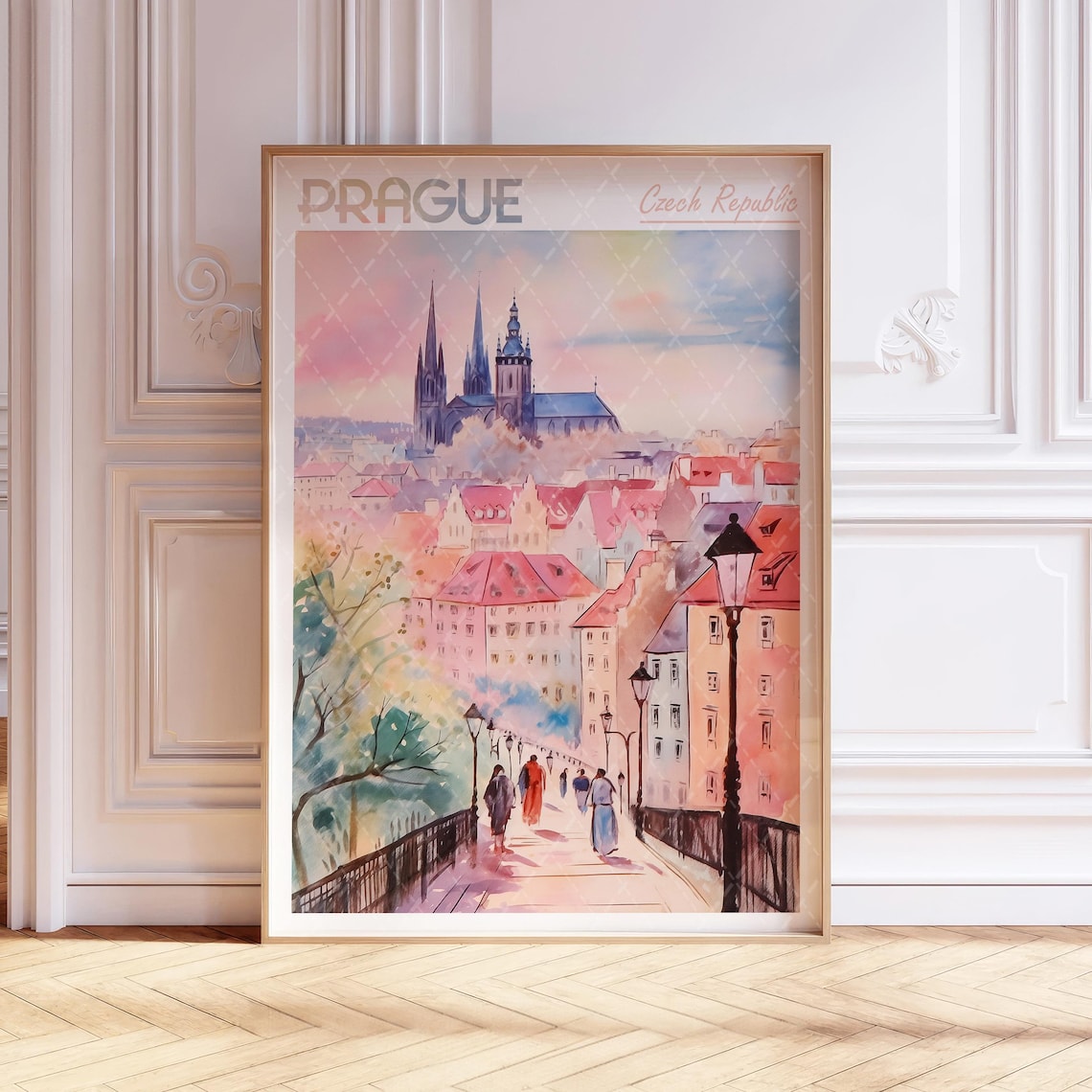 Prague Czech Republic Old Town Cathedral Watercolor Travel Poster