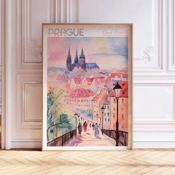 Prague Czech Republic Old Town Cathedral Watercolor Travel Poster