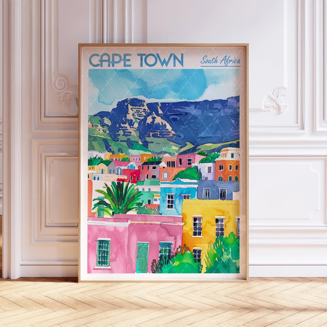Cape Town South Africa Travel Poster Colorful Houses Table Mountain
