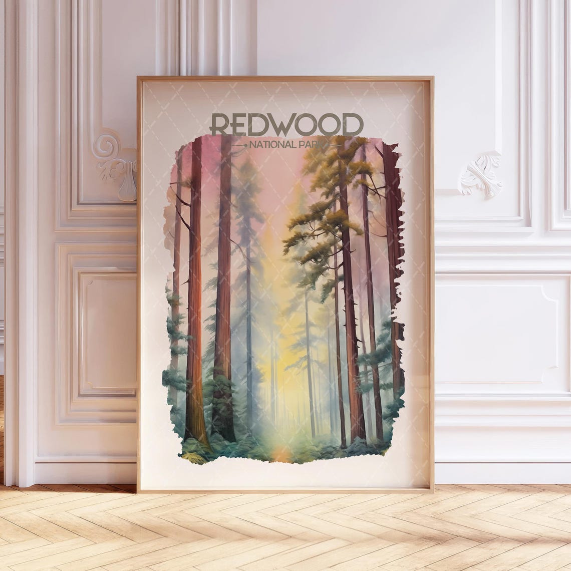 Redwood National Park Tall Ancient Trees Watercolor Forest Poster