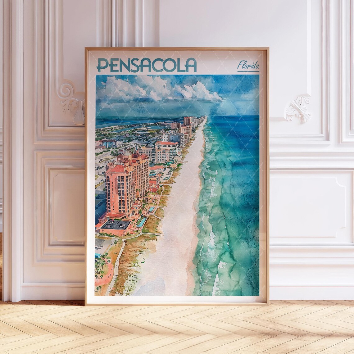 Pensacola Watercolor Travel Poster, Florida City View