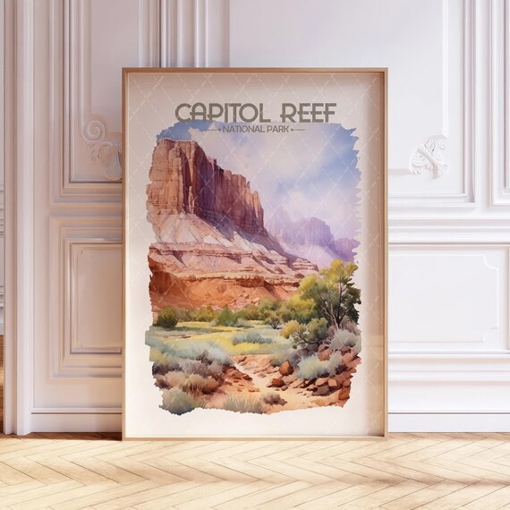 Capitol Reef National Park Red Sandstone Cliffs Watercolor Poster
