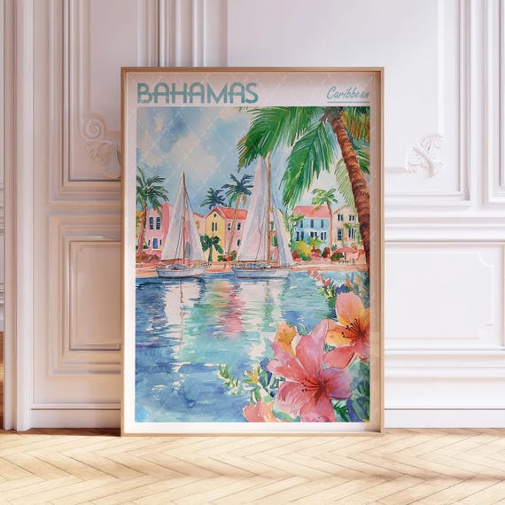 Bahamas Watercolor Poster World Cities Wall Art Tropical Travel City Pastel Colors